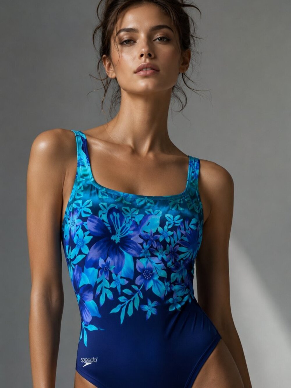 Speedo One Piece Swimsuit Floral Blue Tummy Control Soft Cup Women's 12